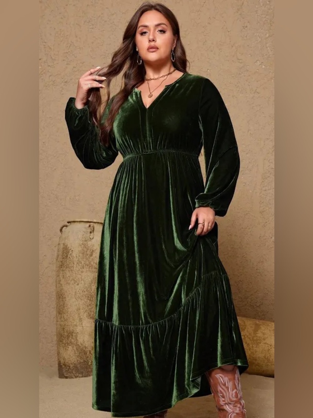 SHEIN Beautiful Green velvet empire waist maxi dress 2x